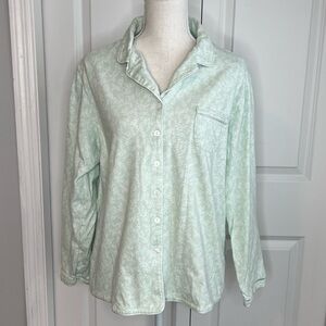 Eileen West Pastel Green White Leaf Print Flannel Pajama Top Large Button Front